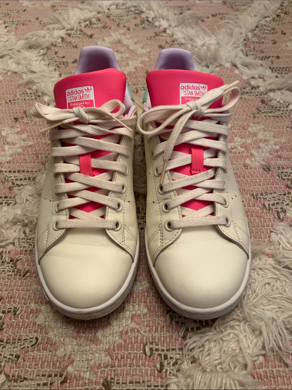 adidas Women’s Stan Smith Leather Sneakers — White with Pink Accents